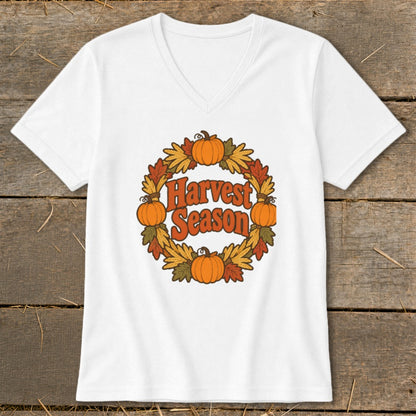 White v-neck t-shirt with "Harvest Season" text in a fall leaf and pumpkin wreath.