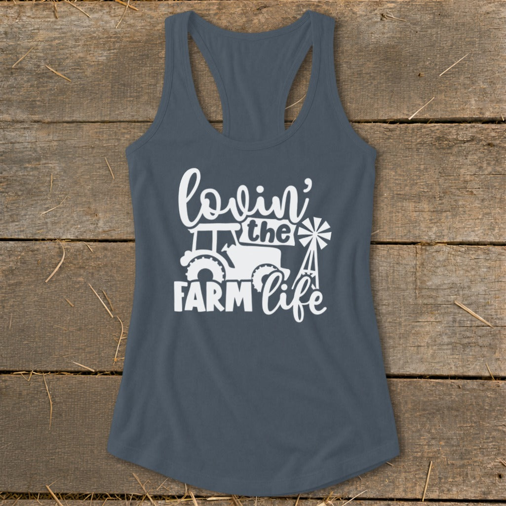 Tank top with "lovin' the farm life" text, tractor, and windmill graphic.