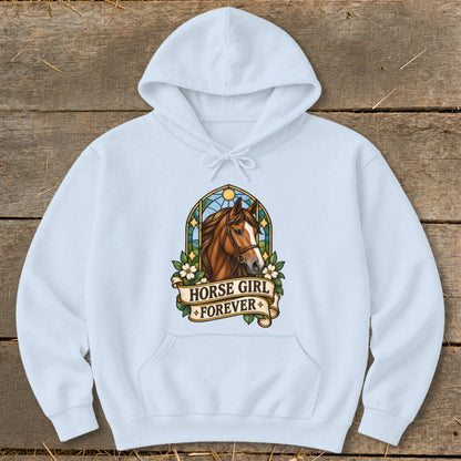 Light blue hoodie with a graphic of a horse head within a stained-glass design and text.