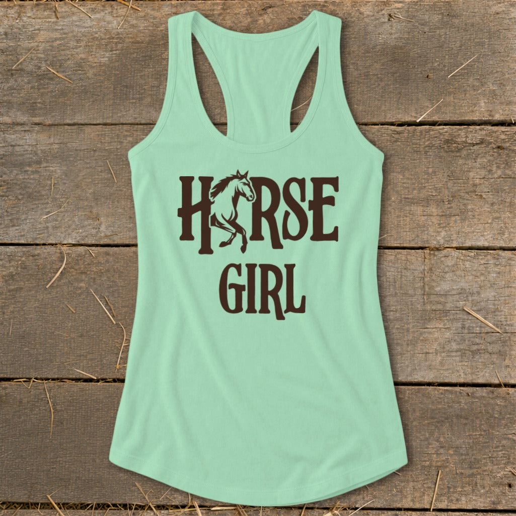 Light mint green tank top with "HORSE GIRL" text and a running horse graphic.