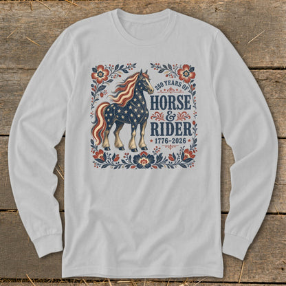 White long sleeve shirt with a distressed horse graphic and text "250 years of Horse & Rider".