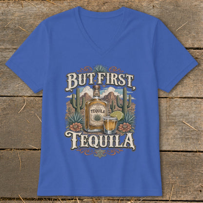 Blue t-shirt with "But First, Tequila" graphic featuring a tequila bottle, shot, and desert landscape.