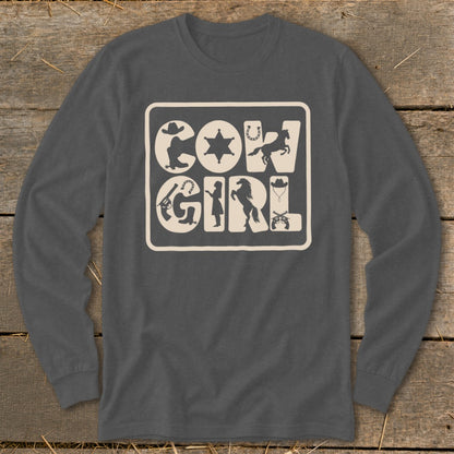 Long sleeve shirt with "Cow Girl" design featuring cowboy boots, sheriff's badge, horse, and lasso.