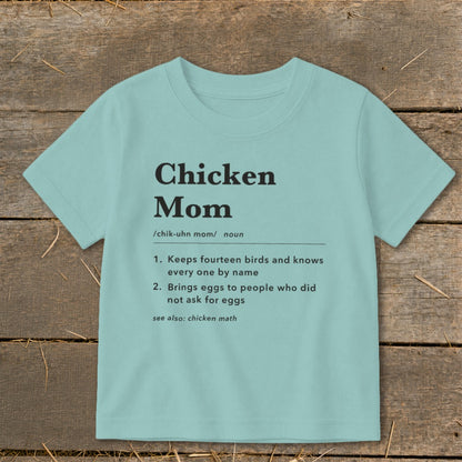 Light blue t-shirt with "Chicken Mom" definition and two numbered points.