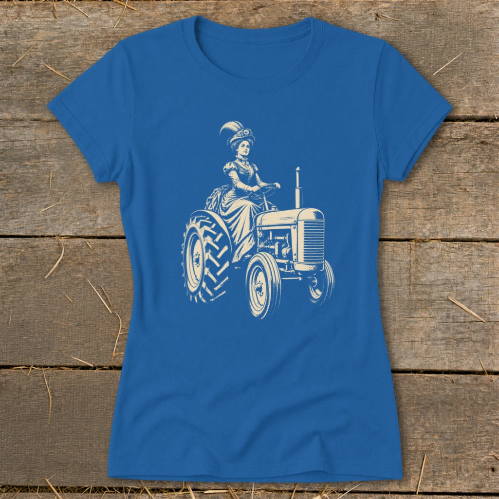 Illustration of woman in vintage attire driving a tractor.