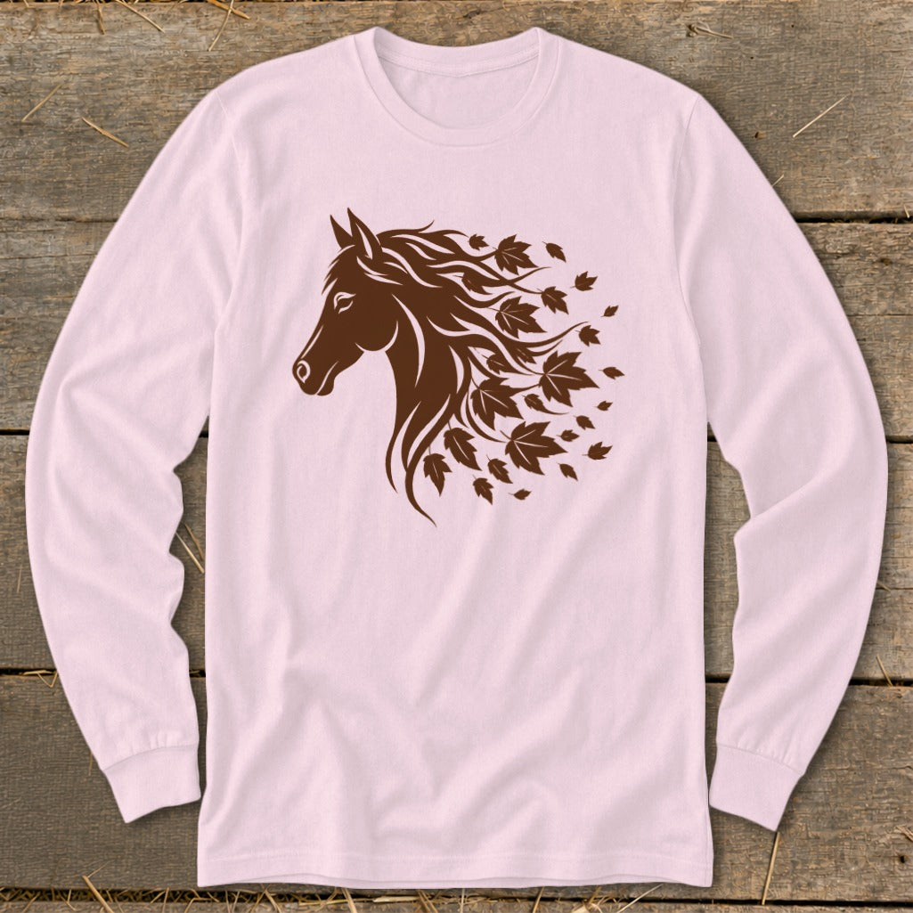 Brown horse head graphic with flowing mane transforming into falling leaves.