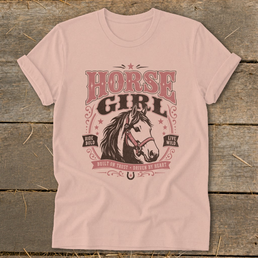 Pink t-shirt with "Horse Girl" text and a horse head graphic.