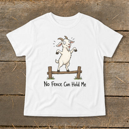 White t-shirt with cartoon goat balancing on fence with text "No Fence Can Hold Me".