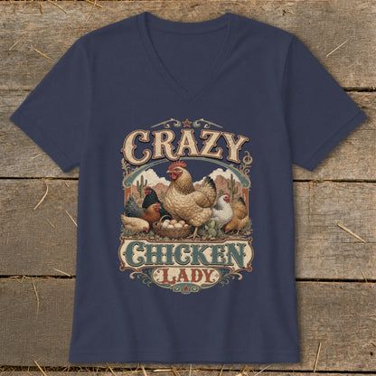 Navy v-neck shirt with "Crazy Chicken Lady" text and chickens illustration.