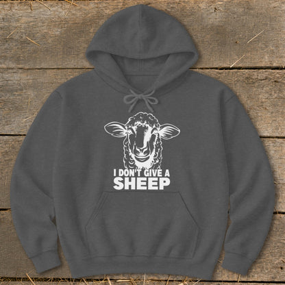 Dark gray hoodie with a white sheep graphic and "I DON'T GIVE A SHEEP" text.