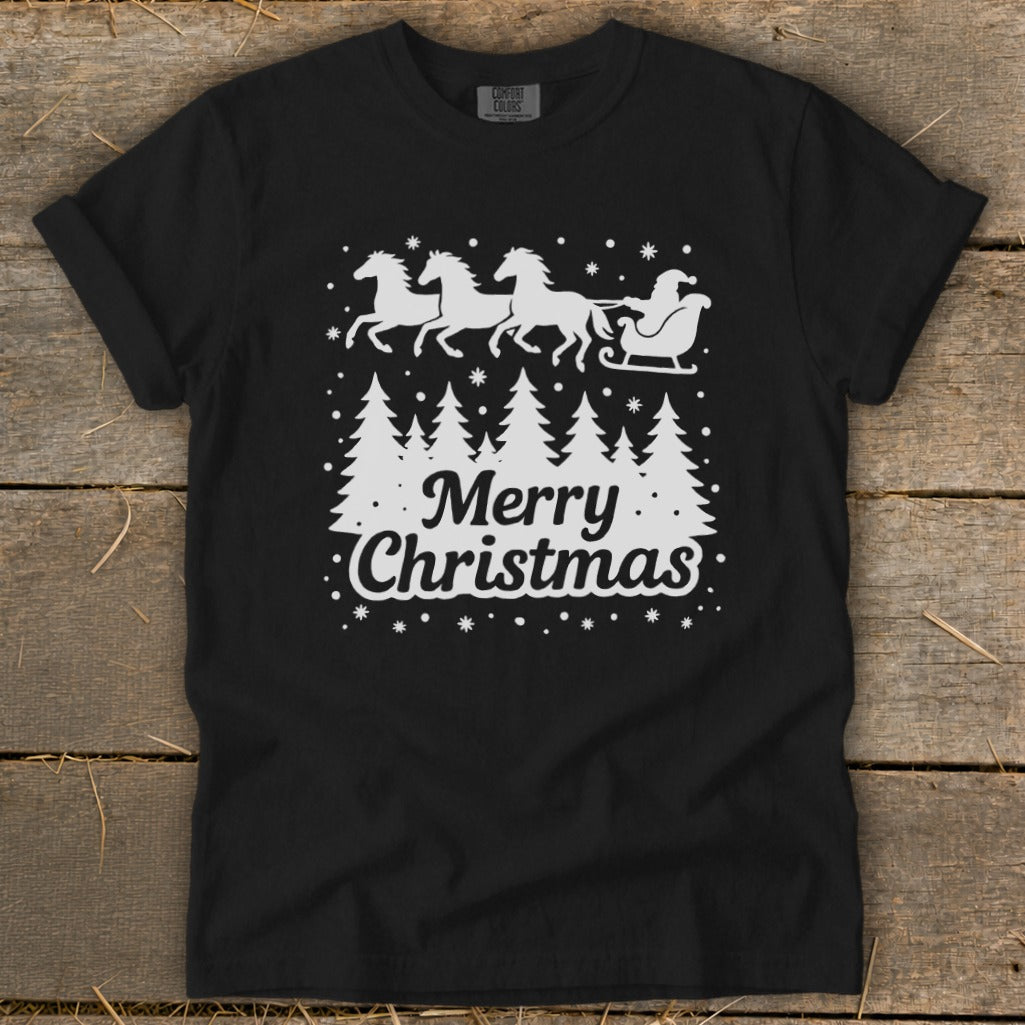 Black t-shirt with "Merry Christmas" and Santa's sleigh pulled by four horses.