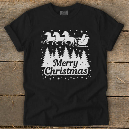 Black t-shirt with "Merry Christmas" and Santa's sleigh pulled by four horses.