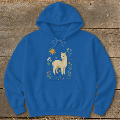 Blue hoodie with illustration of a cream-colored alpaca, sun, and flowers.