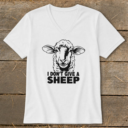 White t-shirt with a black graphic of a sheep and text that reads "I DON'T GIVE A SHEEP".