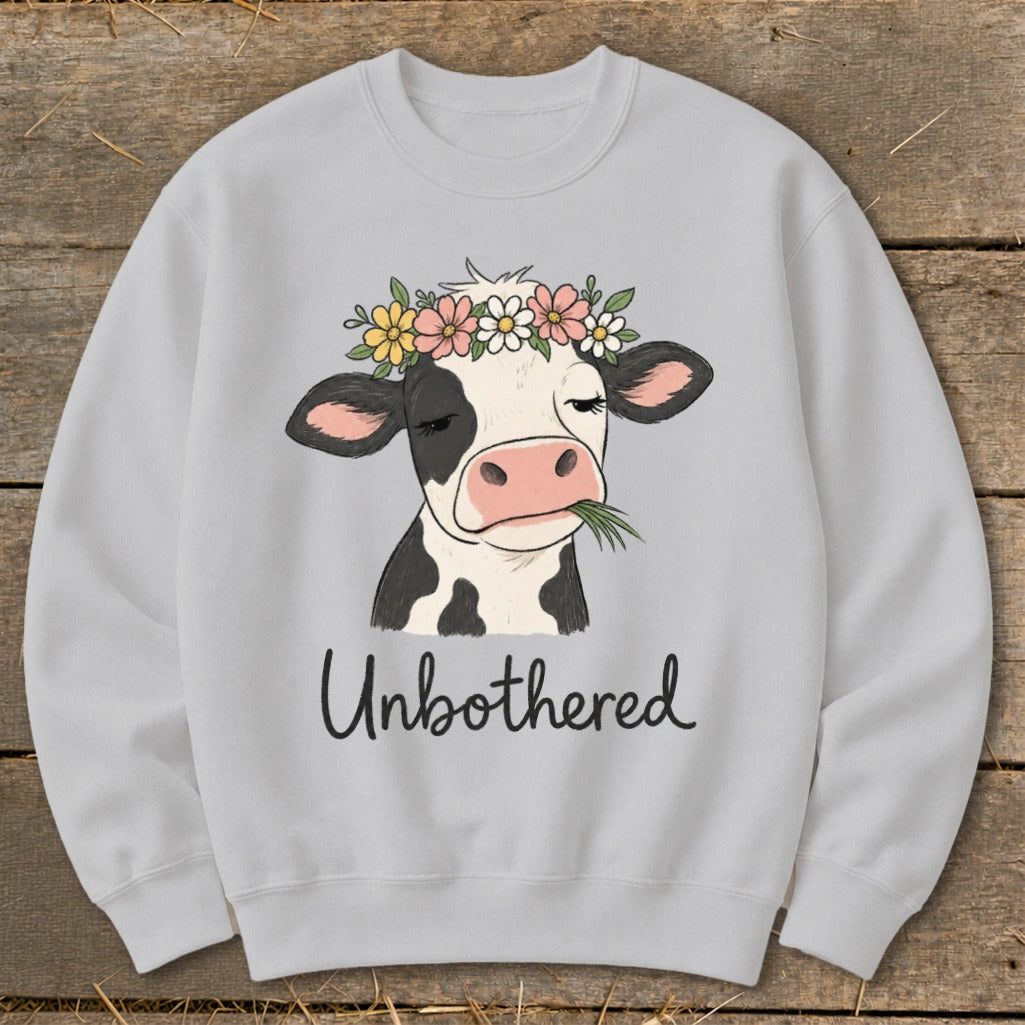Light gray sweatshirt with a cartoon cow wearing a flower crown and chewing grass, text "Unbothered".