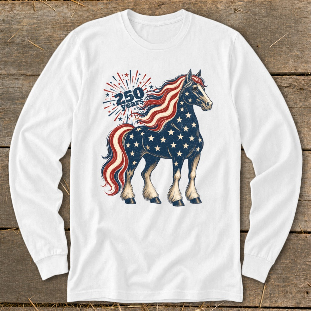 White long-sleeved shirt with a patriotic horse graphic and "250 years" text.