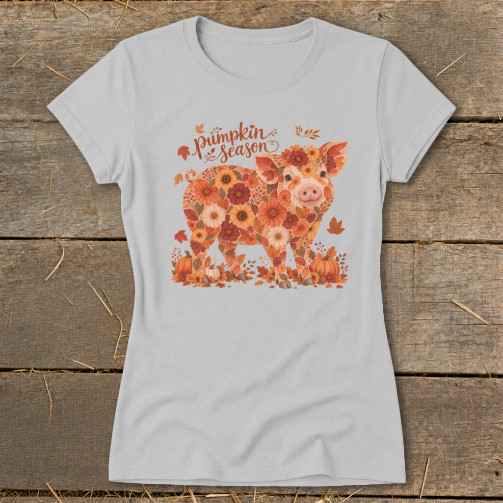 Grey t-shirt with a pig illustration made of flowers and the text "pumpkin season".