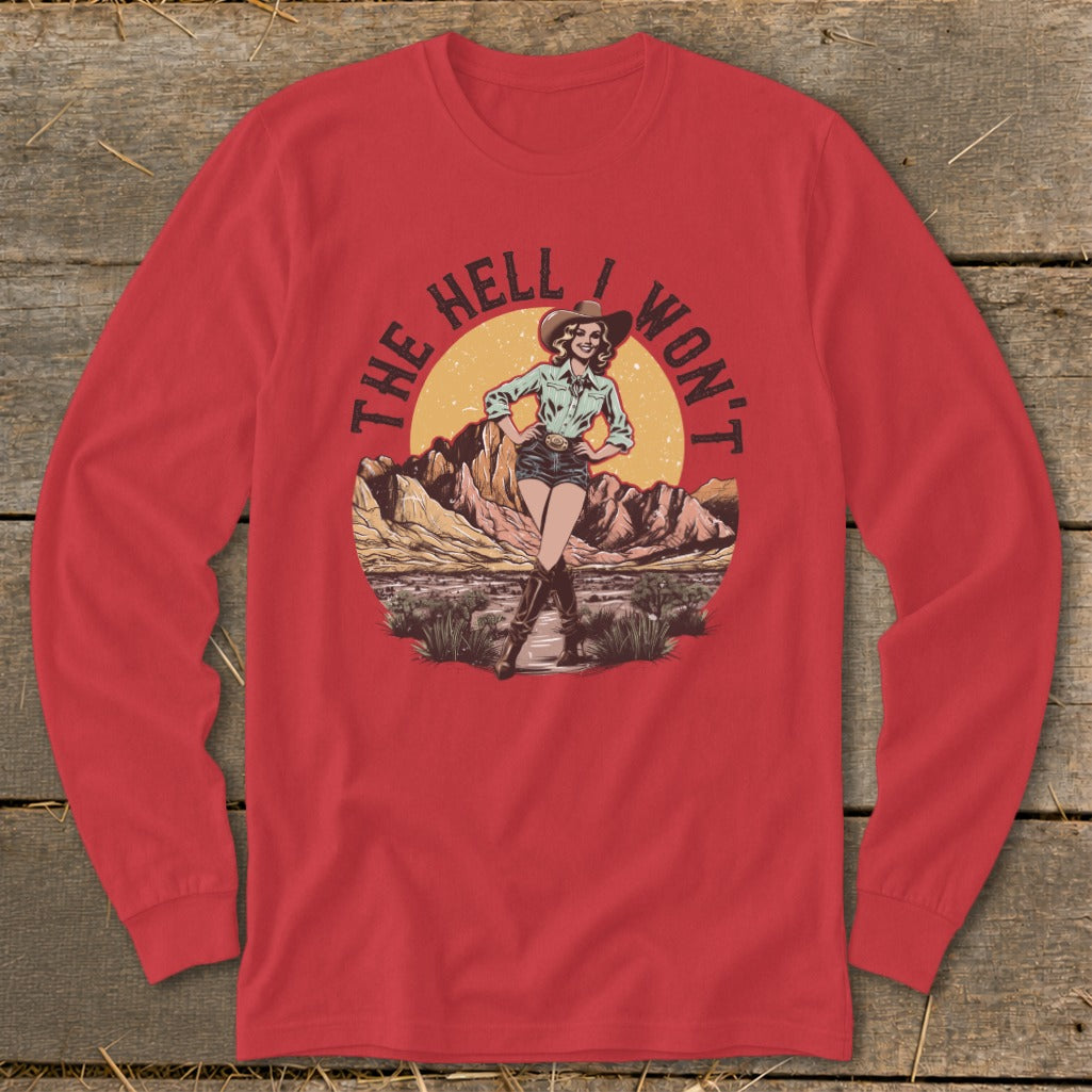 Red long-sleeve shirt with retro graphic of cowgirl and desert landscape.