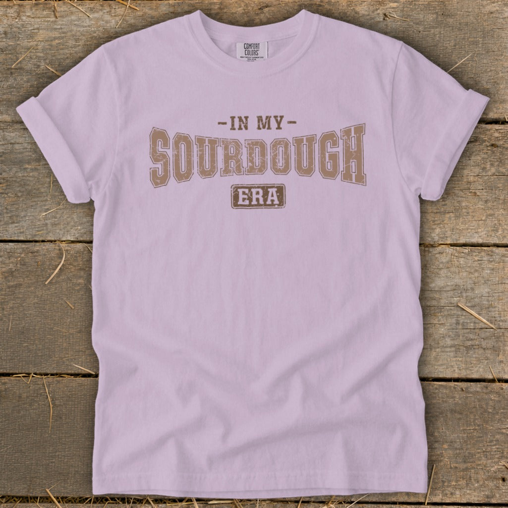 Purple t-shirt with "In My Sourdough Era" text and Comfort Colors tag.