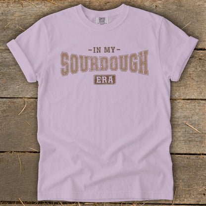 Purple t-shirt with "In My Sourdough Era" text and Comfort Colors tag.