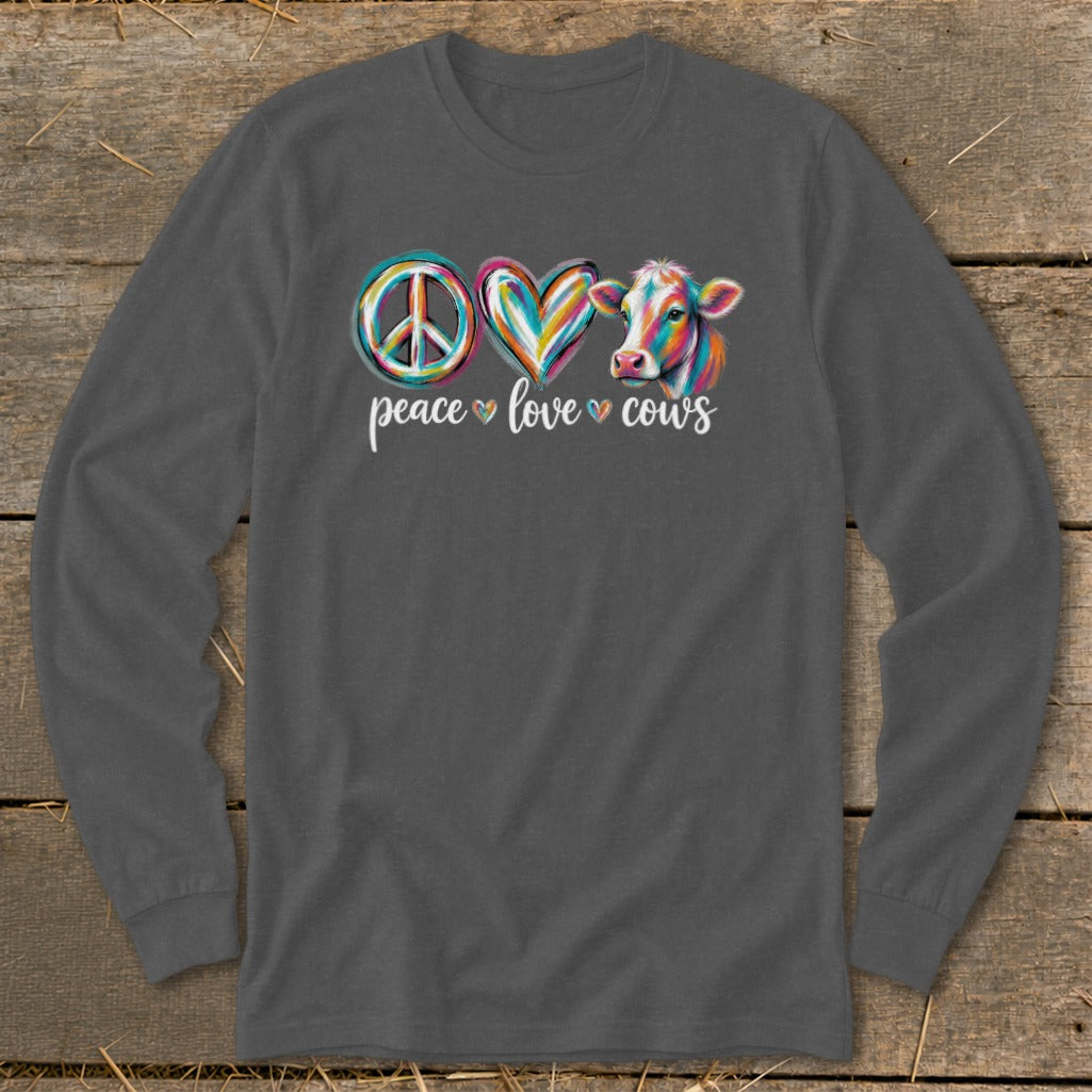Peace love cows graphic on a charcoal long sleeve shirt