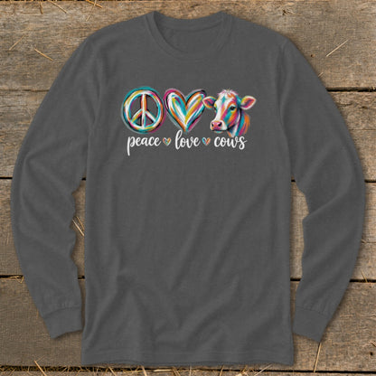 Peace love cows graphic on a charcoal long sleeve shirt
