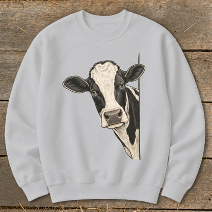 Light gray sweatshirt with black and white cow peeking from the side.