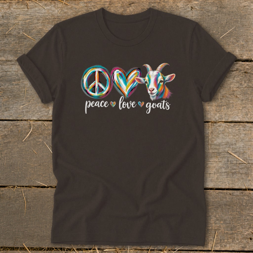 Brown t-shirt with peace, love, and goat graphics and text.