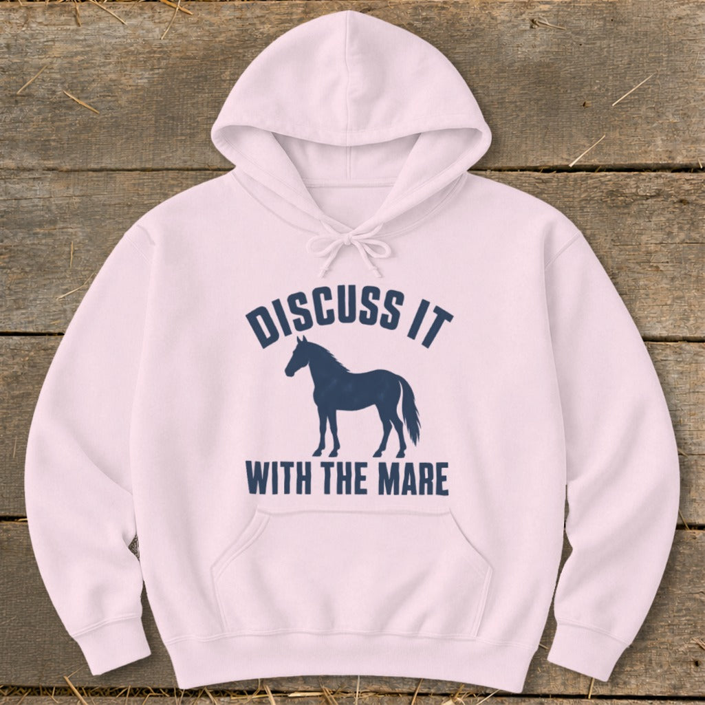 Pink hoodie with navy graphic of horse and text "DISCUSS IT WITH THE MARE".
