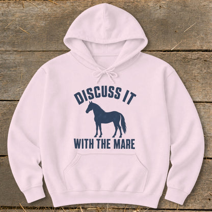 Pink hoodie with navy graphic of horse and text "DISCUSS IT WITH THE MARE".