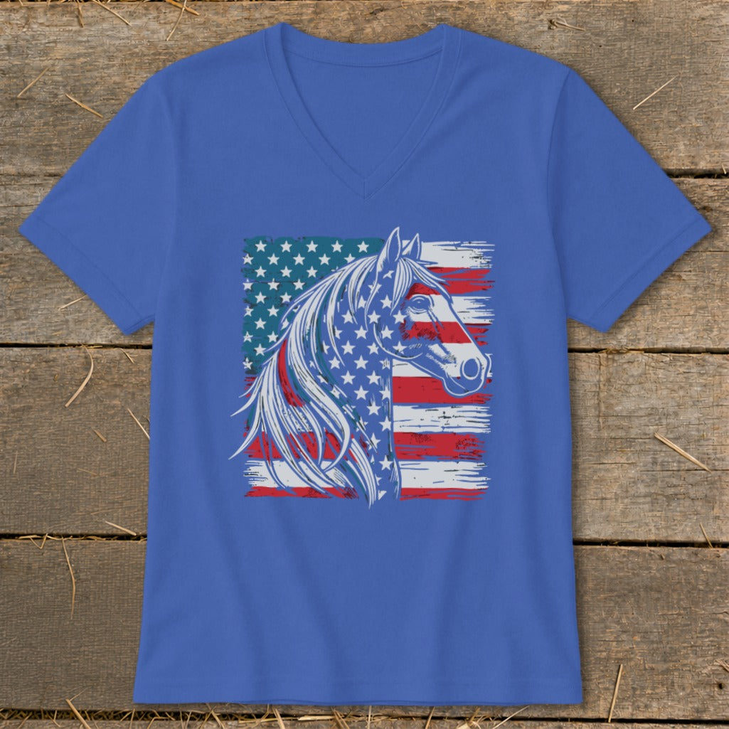 Horse head graphic with American flag pattern on a blue v-neck t-shirt.