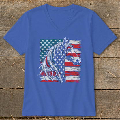 Horse head graphic with American flag pattern on a blue v-neck t-shirt.