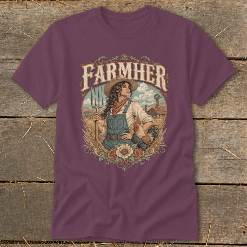Farmher graphic with woman, pitchfork, rooster, sunflowers, wheat, and farm scenery.