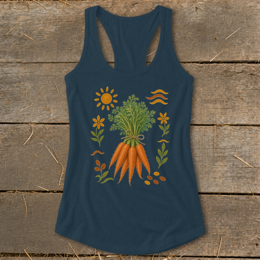 Dark blue tank top with a central illustration of a bunch of carrots surrounded by sun and flowers.