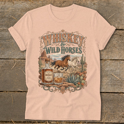 T-shirt design with "Whiskey & Wild Horses" text, horses, whiskey bottle, and glass.