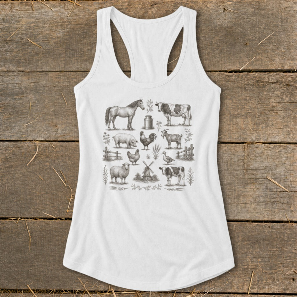 White tank top with charcoal sketch of farm animals and windmill.