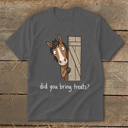 Cartoon horse peeking from a wooden door with text "did you bring treats?".