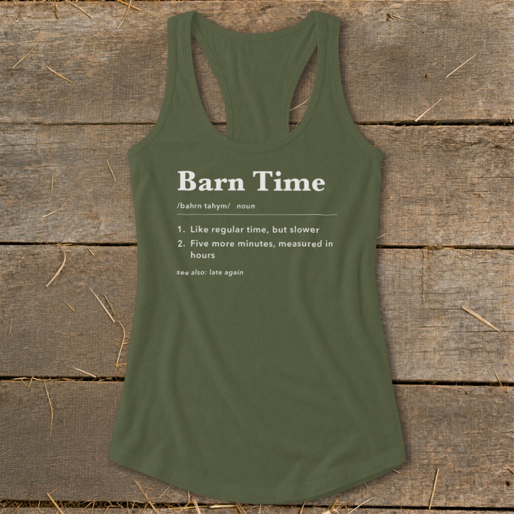 Green tank top with "Barn Time" definition printed on the front.