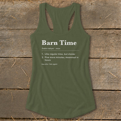 Green tank top with "Barn Time" definition printed on the front.