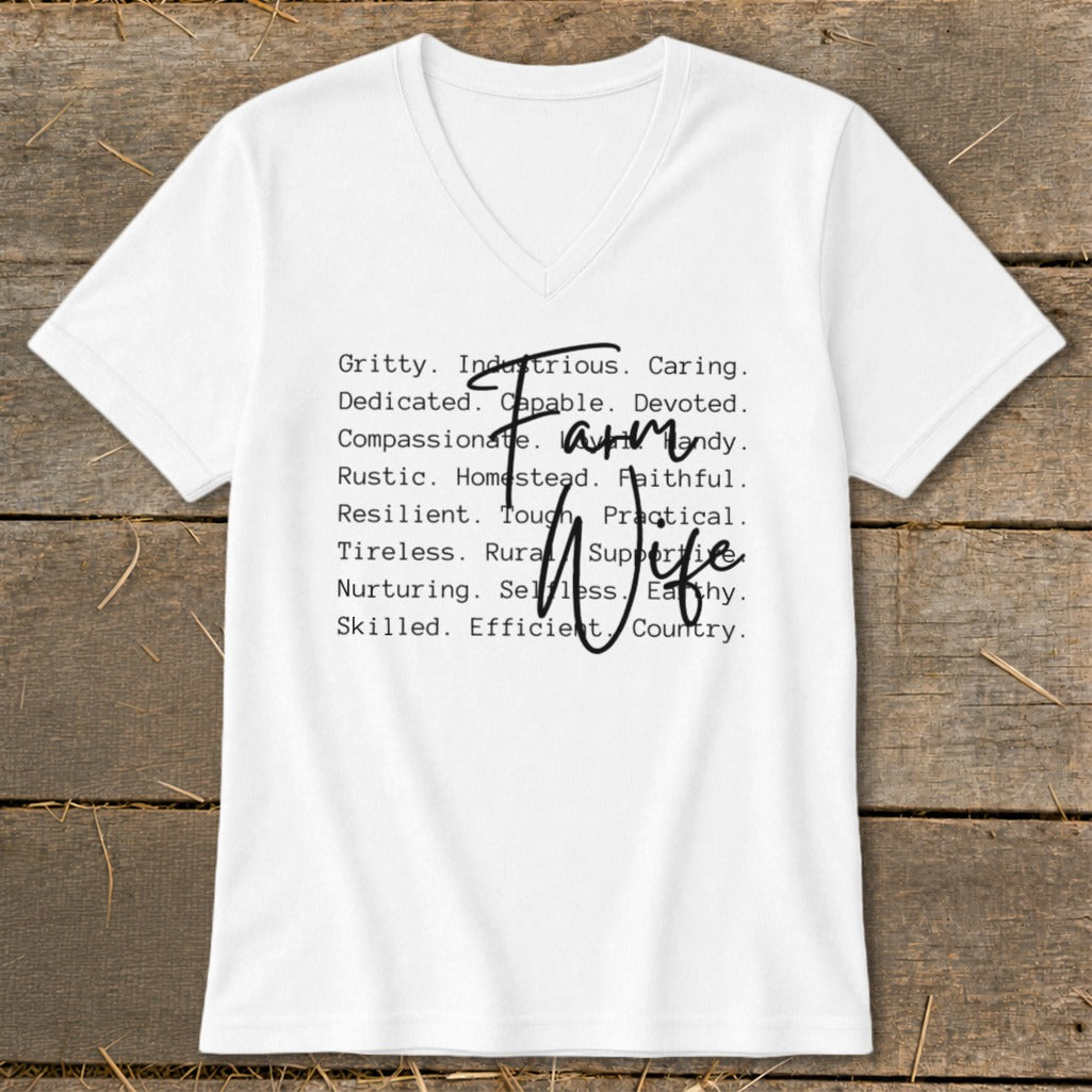 White v-neck shirt with "Farm Wife" and descriptive words.