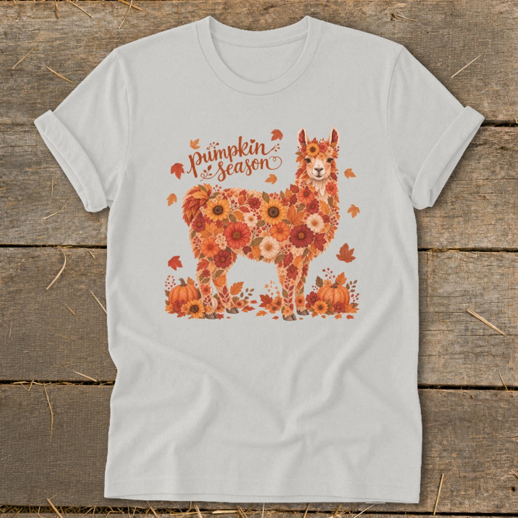 White t-shirt with a floral llama design and "Pumpkin Season" text.