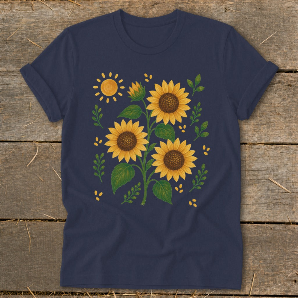 Navy t-shirt with a watercolor-style sunflower and sun graphic.