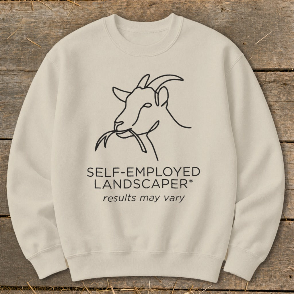 Crewneck sweatshirt with a line drawing of a goat eating grass and text.