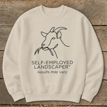 Crewneck sweatshirt with a line drawing of a goat eating grass and text.