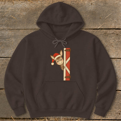 Dark brown hoodie with a graphic of a donkey wearing a Santa hat peeking around a barn door.
