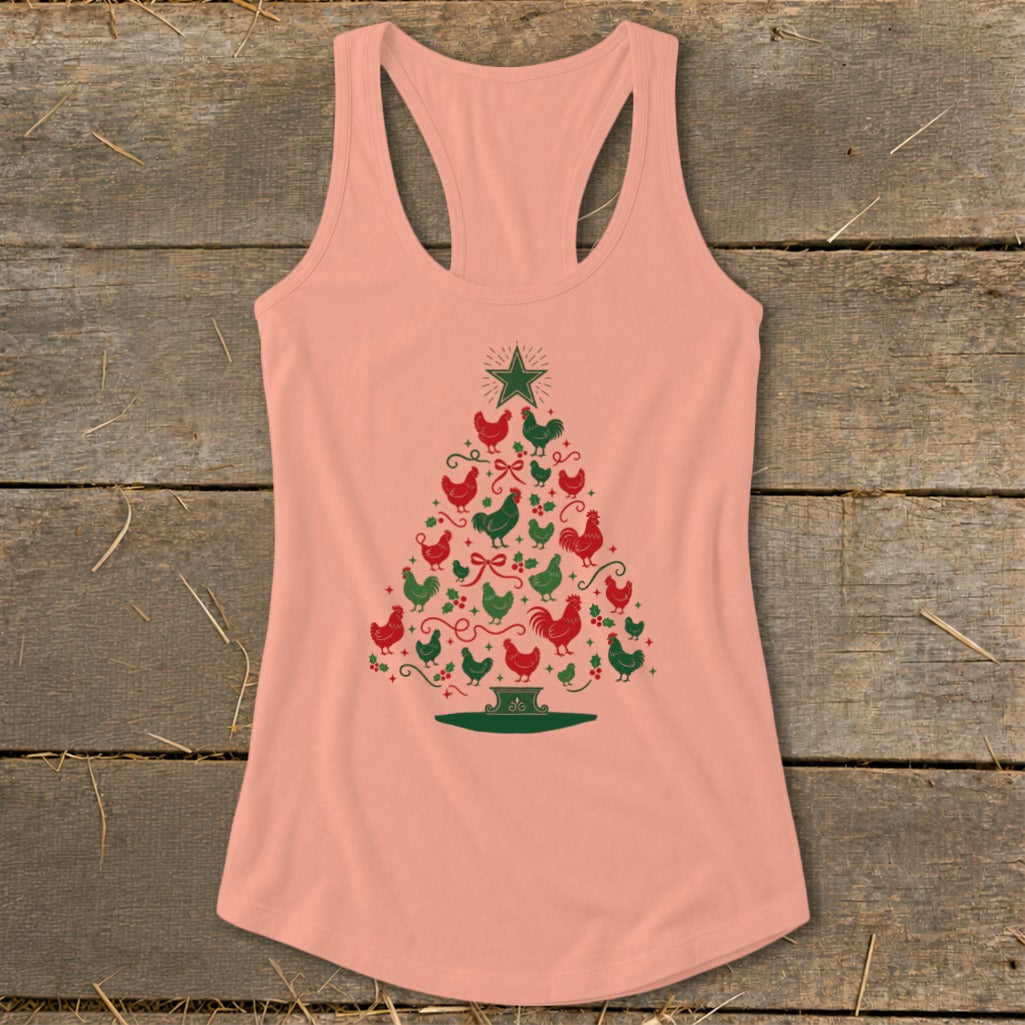 Peach tank top with a Christmas tree made of red and green chickens.