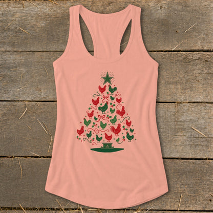 Peach tank top with a Christmas tree made of red and green chickens.