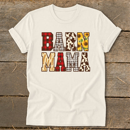 Cream t-shirt with "BARN MAMA" in patterned block letters.