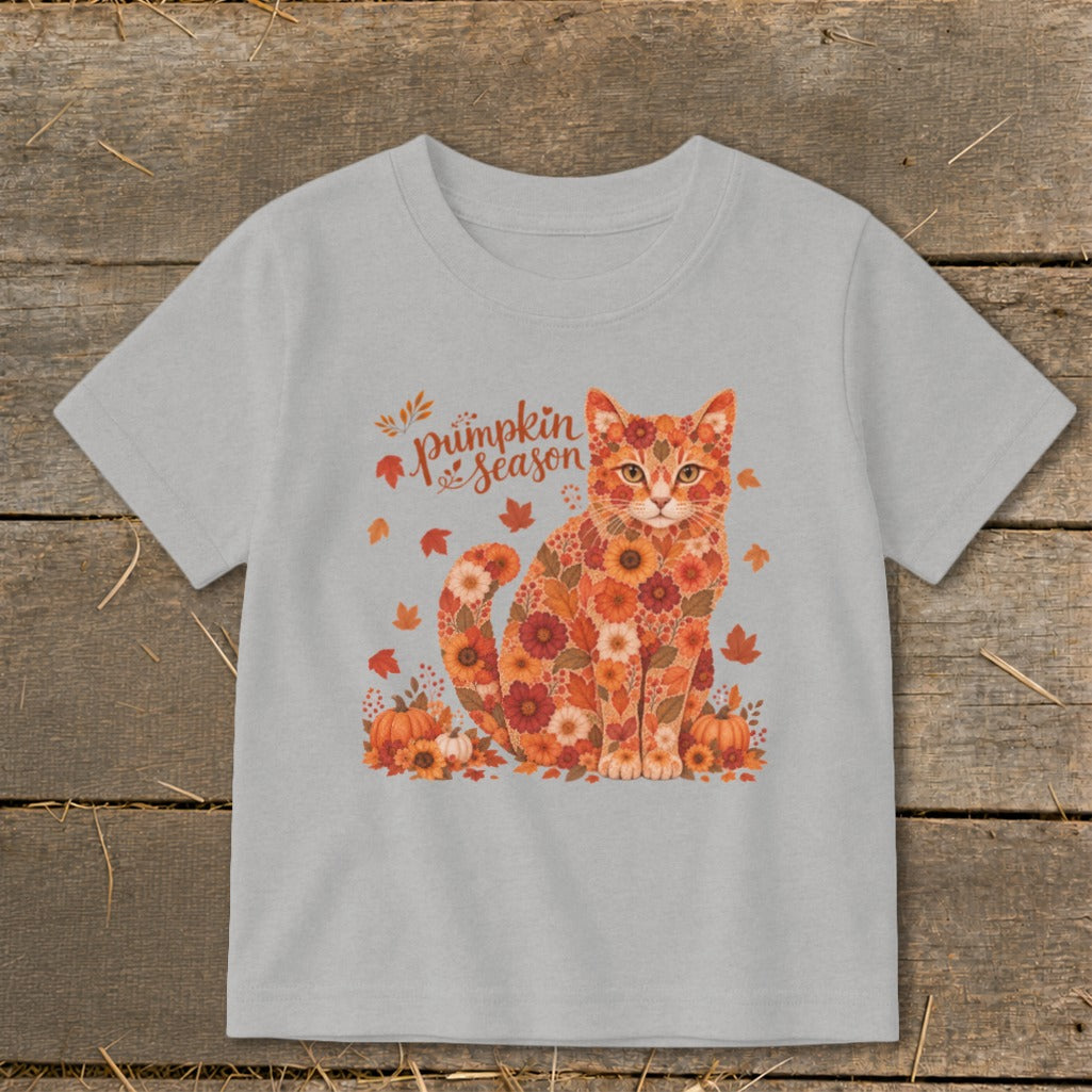 Gray t-shirt with floral cat design and "Pumpkin Season" text.