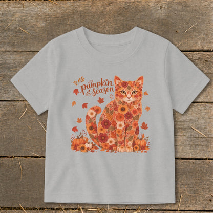 Gray t-shirt with floral cat design and "Pumpkin Season" text.